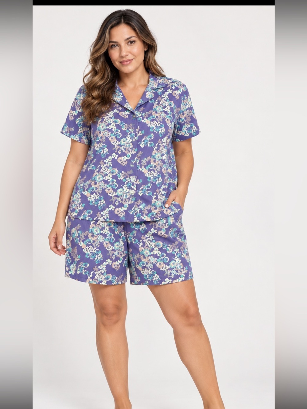 Women’s 100% Cotton Floral Pajama Set Purple Button Front Shorts M # 333